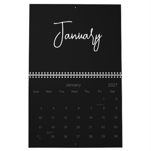 Schwarzweiß-Minimalistische, einfache Skripte jede Kalender (Jan 2027)