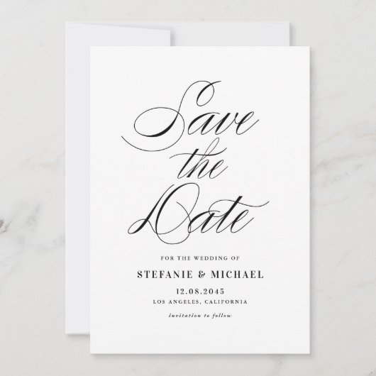 Schwarzweiß-Minimalistische Schrift Save The Date (Vorderseite)