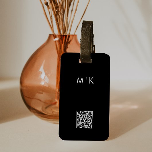 Schwarzweiß mit QR-Code | Modernes Monogramm Gepäckanhänger