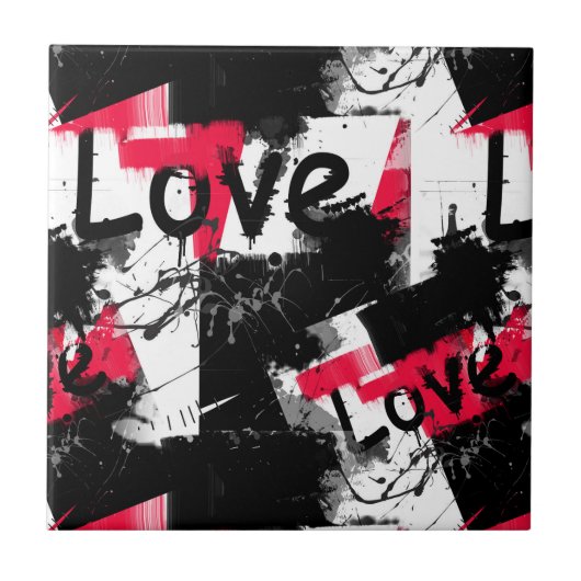 Schwarzweiß mit roten Flecken Liebe Muster Fliese (Vorderseite)