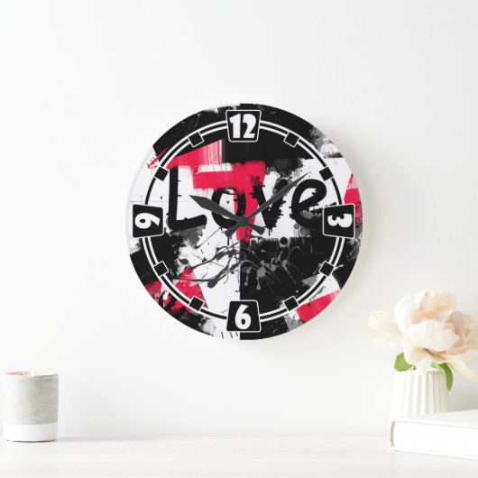 Schwarzweiß mit roten Flecken Liebe Muster Große Wanduhr (Zuhause)