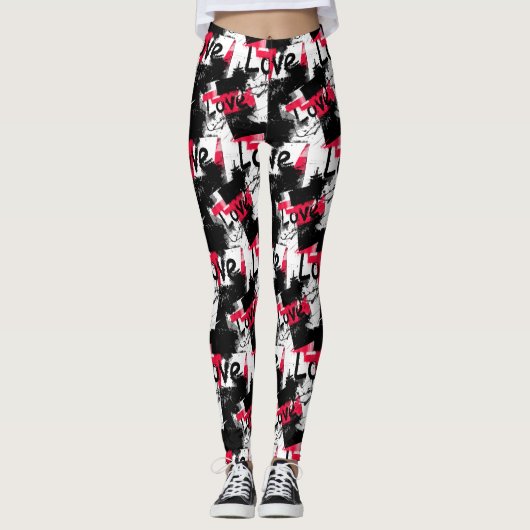 Schwarzweiß mit roten Flecken Liebe Muster Leggings (Vorderseite)