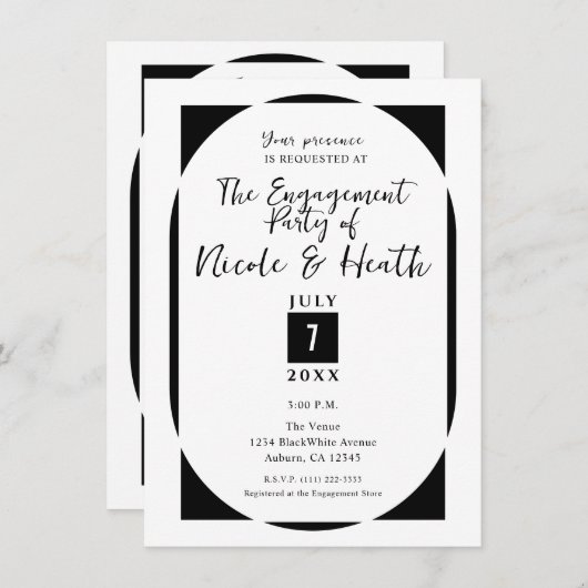 Schwarzweiß-Moderne Minimal-Engagement-Partei Einladung (Vorne/Hinten)