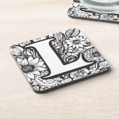 Schwarzweiß-Monogramm der personalisierten Blume Getränkeuntersetzer (Linke Seite)