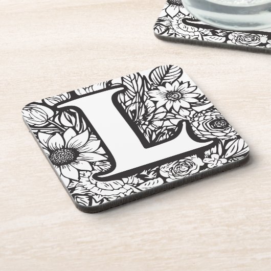 Schwarzweiß-Monogramm der personalisierten Blume Getränkeuntersetzer (Linke Seite)