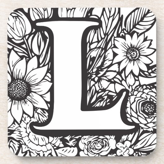 Schwarzweiß-Monogramm der personalisierten Blume Getränkeuntersetzer (Vorderseite)