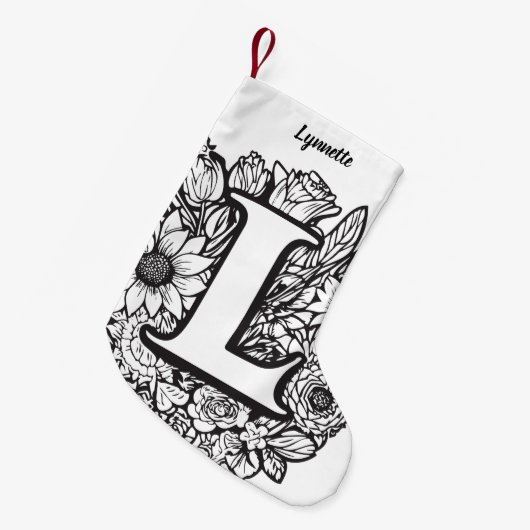 Schwarzweiß-Monogramm der personalisierten Blume Kleiner Weihnachtsstrumpf (Vorderansicht (hängend))