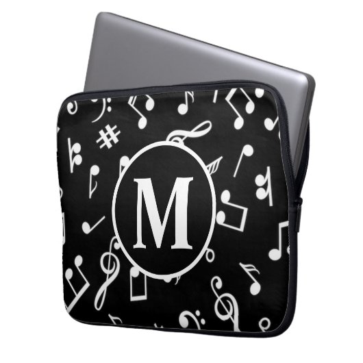 Schwarzweiß-Monogramm-Musiknote Laptopschutzhülle (Vorderseite Links)