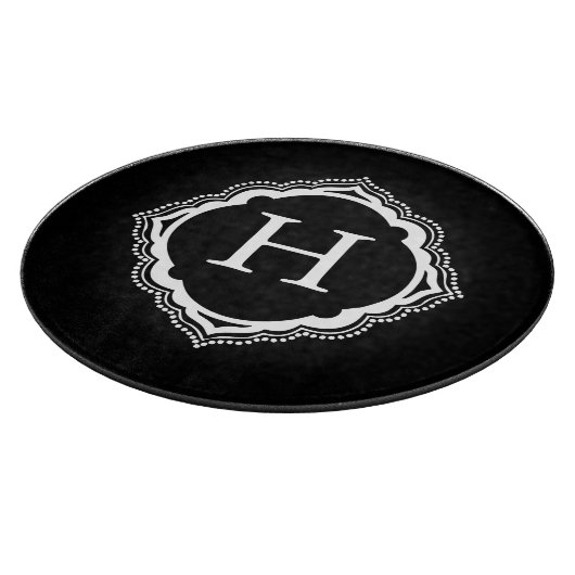 Schwarzweiss-Monogramm-rundes Glasschneiden-Brett Schneidebrett (Ecke)