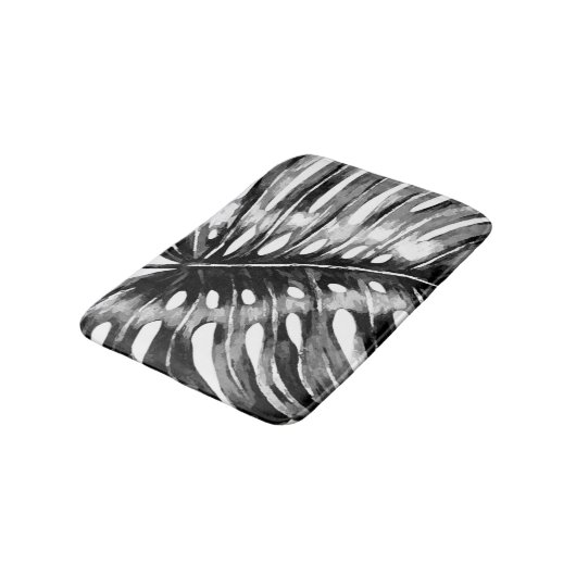 Schwarzweiss-monstera Palmblatt tropisch Badematte (Schrägansicht)