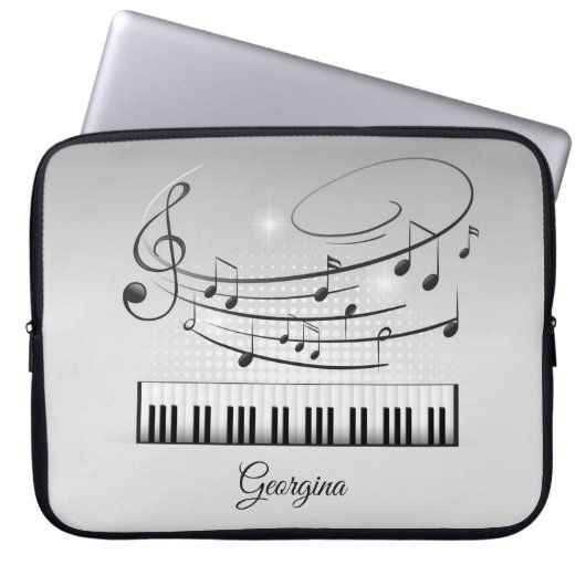 Schwarzweiß-Musiknoten mit Individuelle Name Laptopschutzhülle (Vorderseite)