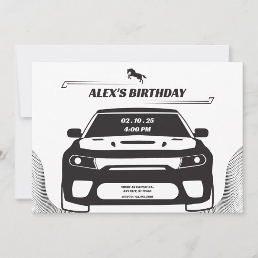 Schwarzweiß Mustang Car Geburtstag Einladung (Vorderseite)