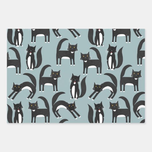 Schwarzweiß Niedliche Tuxedo Kitty Cats Muster Geschenkpapier Set (Vorderseite)