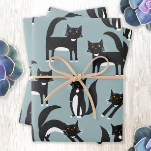 Schwarzweiß Niedliche Tuxedo Kitty Cats Muster Geschenkpapier Set