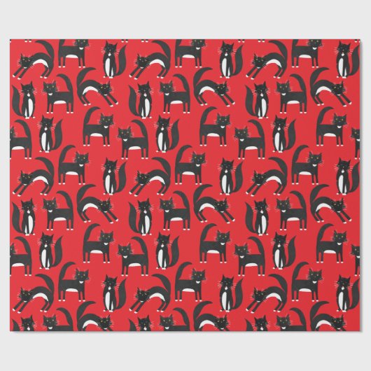 Schwarzweiß Niedliche Tuxedo Kitty Red Pattern Geschenkpapier (Flach)