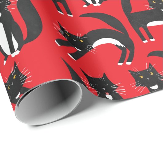Schwarzweiß Niedliche Tuxedo Kitty Red Pattern Geschenkpapier (Rolleneckpunkt)