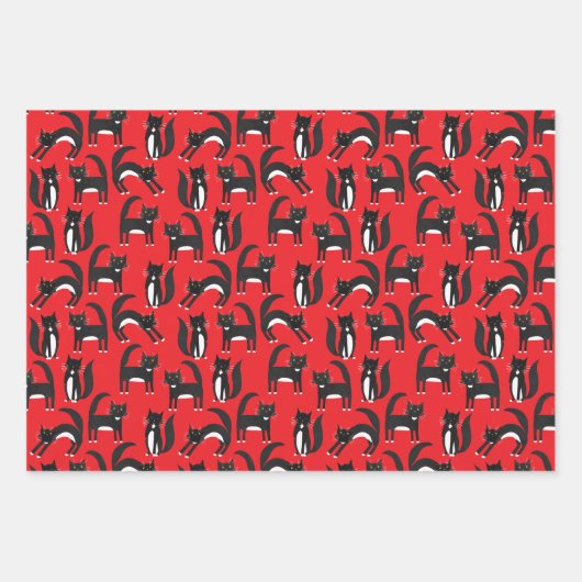 Schwarzweiß Niedliche Tuxedo Kitty Red Pattern Geschenkpapier Set (Vorderseite 3)