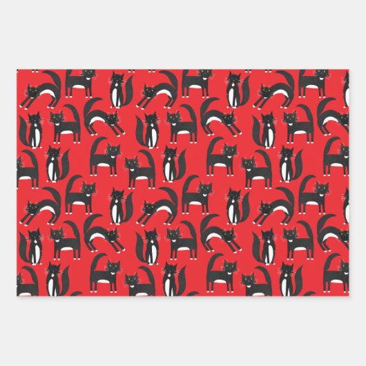 Schwarzweiß Niedliche Tuxedo Kitty Red Pattern Geschenkpapier Set (Vorderseite 2)
