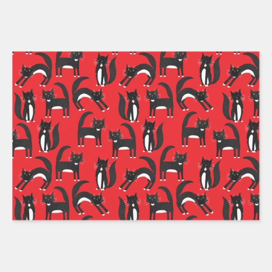Schwarzweiß Niedliche Tuxedo Kitty Red Pattern Geschenkpapier Set (Vorderseite)