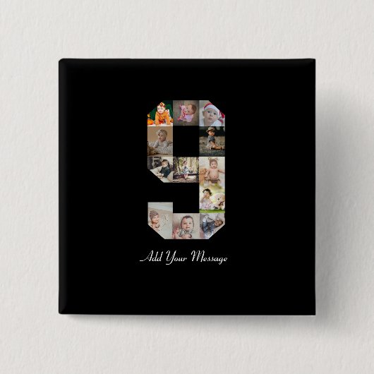 Schwarzweiß-Nummer 9 FotoCollage Button (Vorderseite)