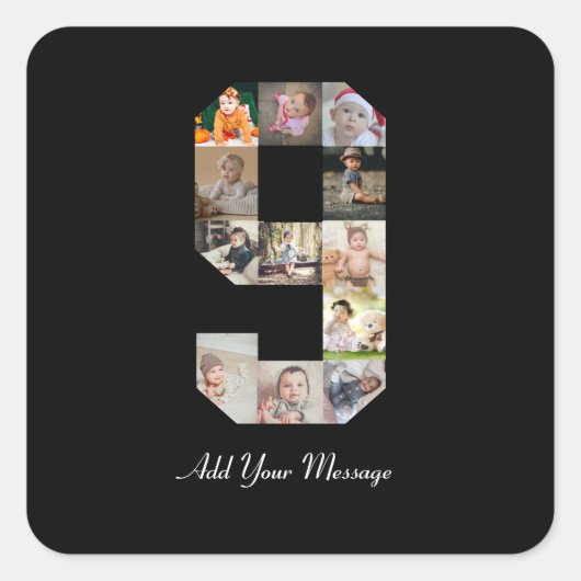 Schwarzweiß-Nummer 9 FotoCollage Quadratischer Aufkleber (Vorderseite)