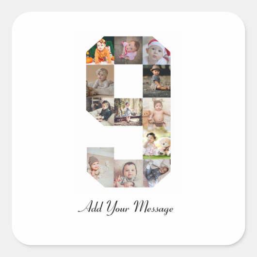 Schwarzweiß-Nummer 9 FotoCollage Quadratischer Aufkleber (Vorderseite)