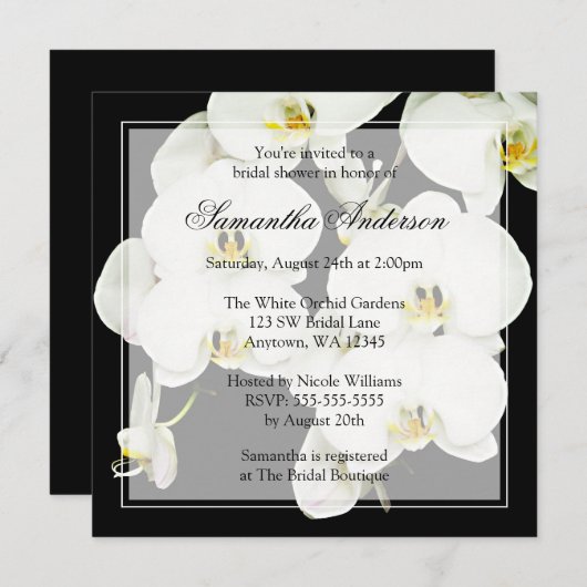 Schwarzweiss-Orchideen-Brautparty-Einladungen Einladung (Vorne/Hinten)