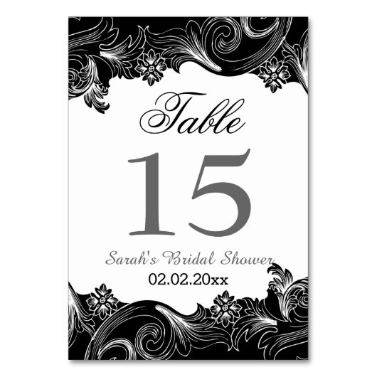 Schwarzweiß-Personalisierte Tischnummern mit Blume (Rückseite)