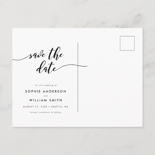 Schwarzweiß-Relax-Skript Save the Date Ankündigungspostkarte (Rückseite)