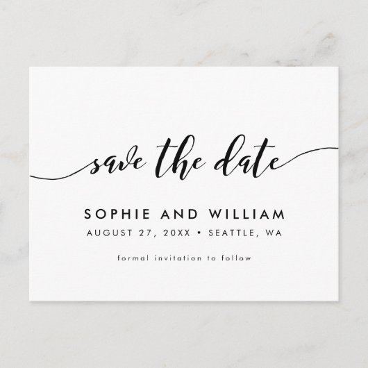Schwarzweiß-Relax-Skript Save the Date Ankündigungspostkarte (Vorderseite)