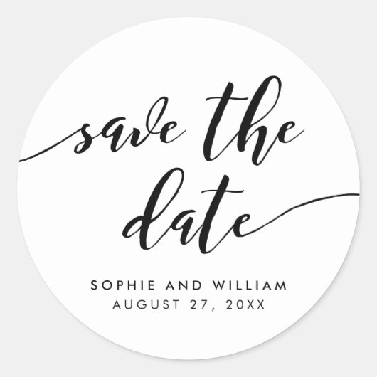 Schwarzweiß-Relax-Skript Save the Date Runder Aufkleber (Vorderseite)