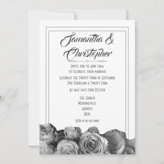 Schwarzweiss-Rosen-Blumenhochzeit Einladung (Vorderseite)