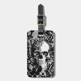 Schwarzweiss-Rosenschädel auf Spitzehintergrund Gepäckanhänger
