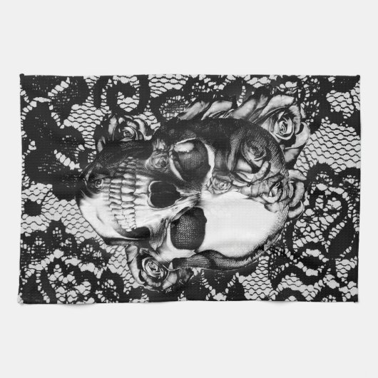 Schwarzweiss-Rosenschädel auf Spitzehintergrund Küchentuch (Horizontal)