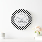 Schwarzweiss-Schachbrett-Flagge Große Wanduhr (Zuhause)