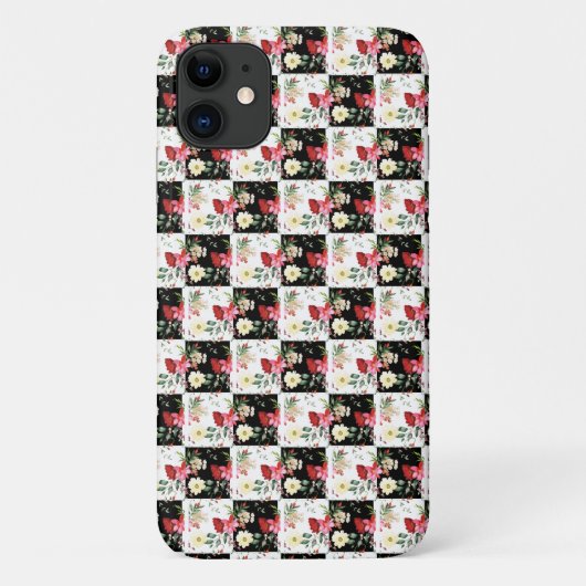 Schwarzweiß-Schachbrett Floral Pink einzigartig Case-Mate iPhone Hülle (Rückseite)