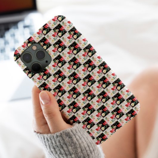 Schwarzweiß-Schachbrett Floral Pink einzigartig Case-Mate iPhone Hülle