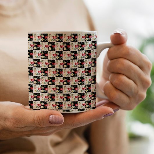 Schwarzweiß-Schachbrett Floral Pink einzigartig Kaffeetasse