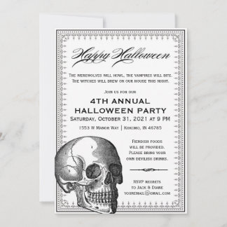 Schwarzweiss-Schädel-Vintage Halloween-Einladung Einladung