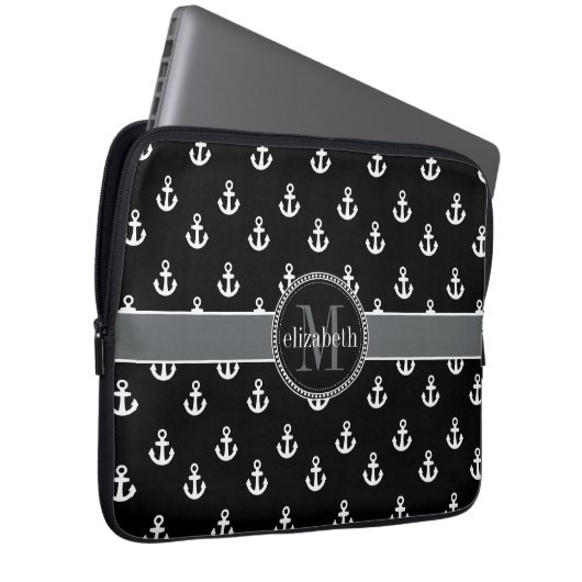 Schwarzweiss-Schiffs-Anker-Monogramm Laptopschutzhülle (Vorne Rechts)