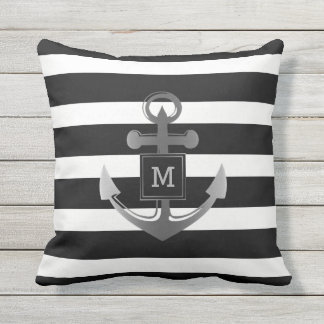 Schwarzweiss-Seeanker-gestreiftes Monogramm Kissen