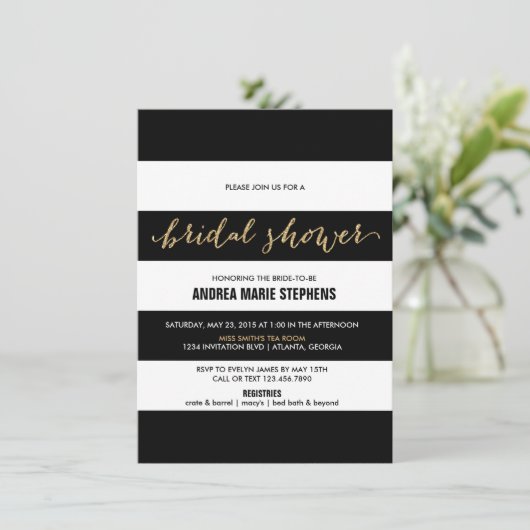 Schwarzweiss-Streifen-GoldGlitzer-Brautparty Einladung (Stehend Vorderseite)