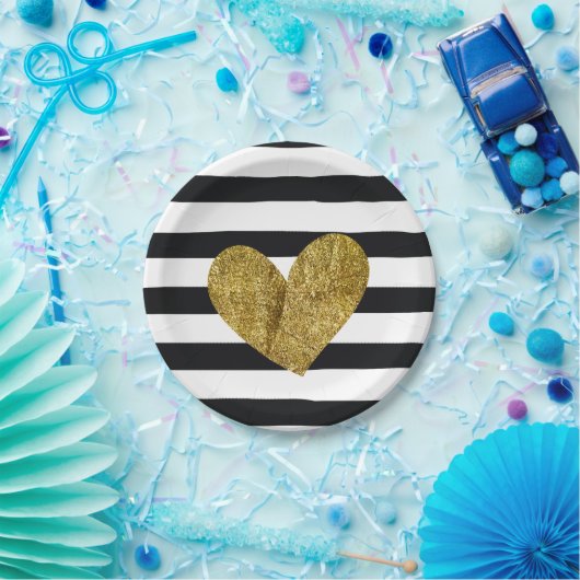 Schwarzweiss-Streifen-Goldherz Pappteller (Party)