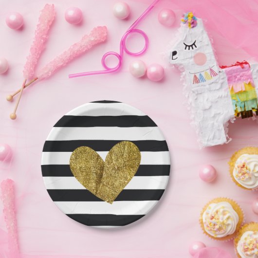 Schwarzweiss-Streifen-Goldherz Pappteller (Party)