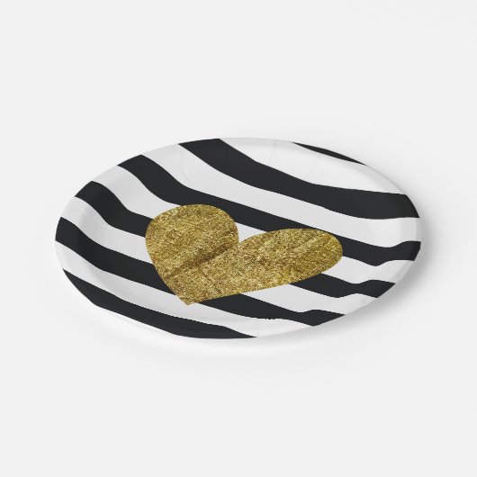 Schwarzweiss-Streifen-Goldherz Pappteller (Schrägansicht)