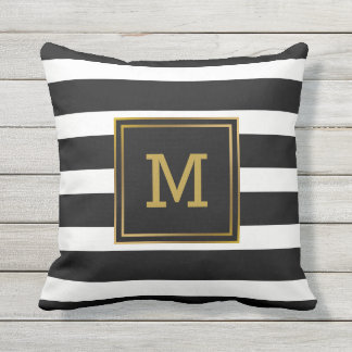 Schwarzweiss-Streifen-Goldmodernes Monogramm Kissen Für Draußen