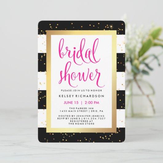 Schwarzweiss-Streifen mit GoldBrautparty Einladung (Stehend Vorderseite)