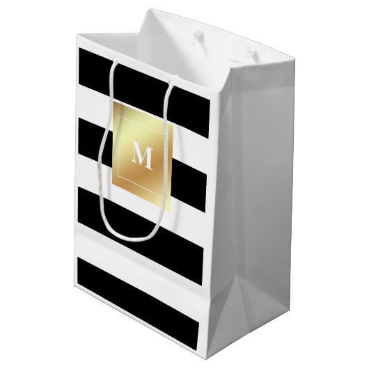 Schwarzweiss-Streifen mit Imitat-Goldmonogramm Mittlere Geschenktüte (Rückseite Schrägansicht)