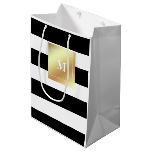 Schwarzweiss-Streifen mit Imitat-Goldmonogramm Mittlere Geschenktüte (Vorderseite Schrägansicht)
