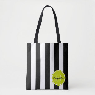 Schwarzweiss-Streifen mit Limonem grünem Monogramm Tasche